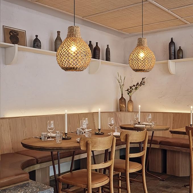 2-Pack Rattan Pendant Light,11.03" Boho Hand Woven Coastal Brown Wicker Hanging Lighting for Farmhouse Dining Room Kitchen Bedroom Hallway
