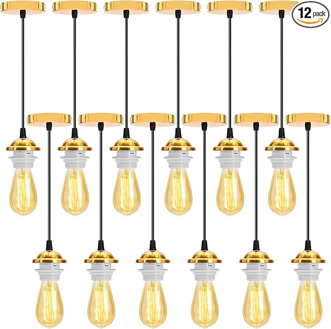 12 Pack Industrial Mini Pendant Light Kit Bulk, UL E26/E27 Lamp Socket 3.28 ft Adjustable Hanging Light Cord Kit Edison Vintage Retro Ceiling Lamp Fixture for Kitchen Bar Decor(Gold)