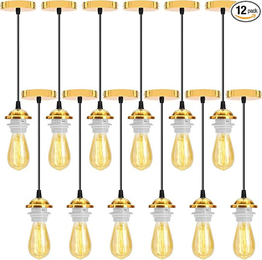 12 Pack Industrial Mini Pendant Light Kit Bulk, UL E26/E27 Lamp Socket 3.28 ft Adjustable Hanging Light Cord Kit Edison Vintage Retro Ceiling Lamp Fixture for Kitchen Bar Decor(Gold)