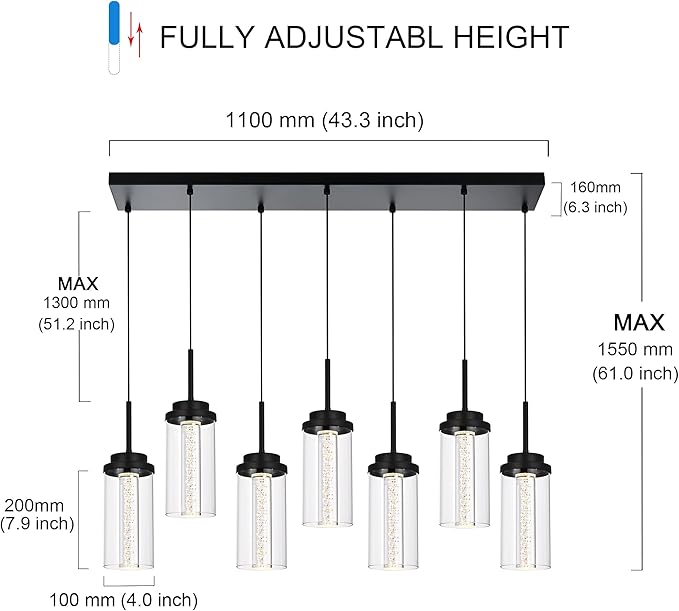 MELUCEE 7-Light Linear Kitchen Island Lighting Fixture, Dimmable Mordern LED Pendant Light with 5 Color Temperature, 30in Black Led Chandelier for Dining Room Kitchen Island, 3000K-6000K, 35W