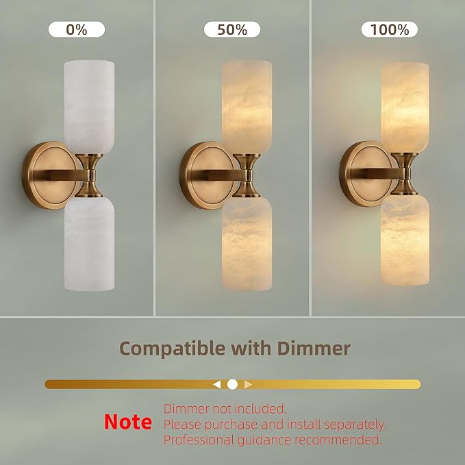 Alabaster Wall Sconce, Solid Brass Sconce with Natural Spanish Alabaster, 14.4 in Vanity Lights for Bathroom, Hardwired Wall Lamp for Bedroom Living Room Staircase Hallway, G9 LED Bulb