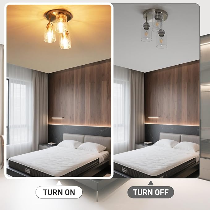 hykolity 3-Light Semi Flush Mount Ceiling Light, 9 Inch Brush Nickel Close to Ceiling Light Fixtures with Seeded Glass Shades, Modern Ceiling Lighting for Kitchen, Bedroom, Entryway, ETL Listed