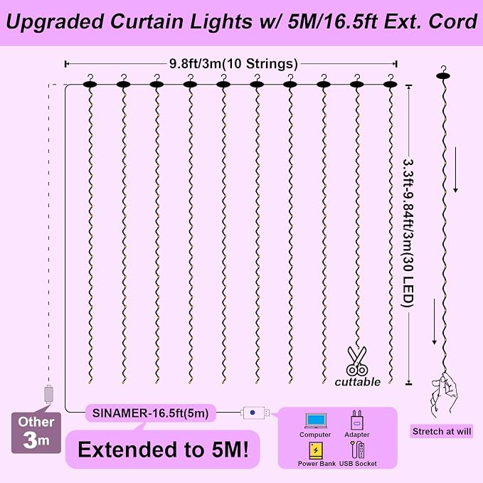 Purple Curtain Light for Bedroom, 300 LED 9.8ft x 9.8ft Window Fairy Curtain String Light with 16 Hooks, 8 Models Remote Control for Wedding Party Home Garden Indoor Decorations
