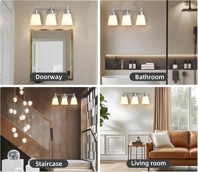 3-Light Bathroom Vanity Light, Brushed Nickel Finish with Milk Glass Shades, Over Mirror, for Bathroom Vanity