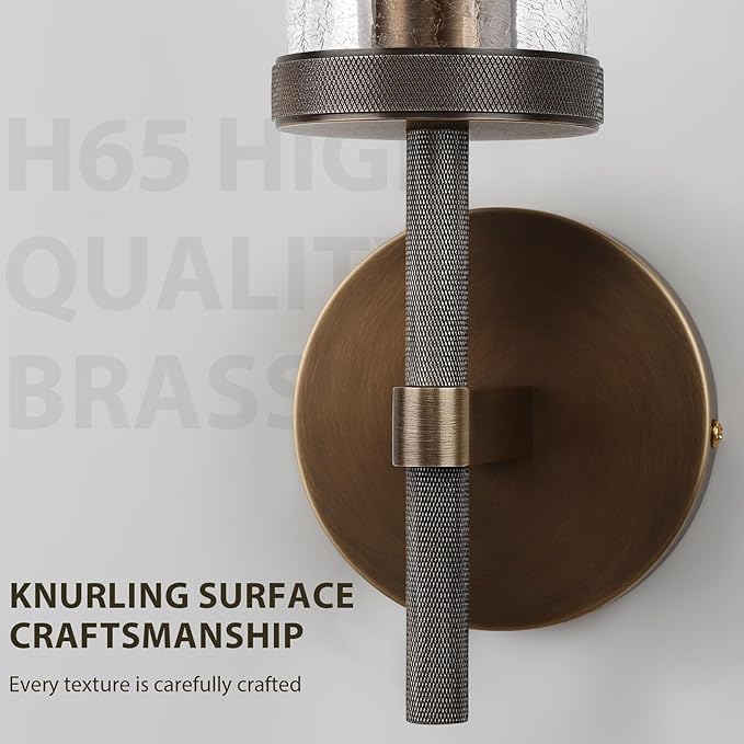 15" Knurled Brass Wall Sconces Set of 2, Bronze Bathroom Vanity Light Fixtures with Crackle Glass Tube, Modern Lamp Lighting for Bedroom, Living Room, Hallway, Staircase, Mirror, Kitchen