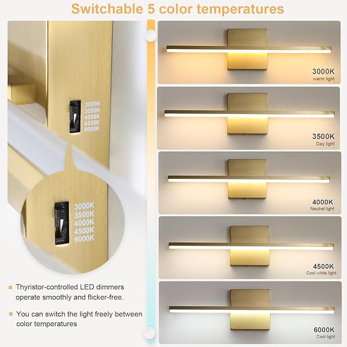Brushed Gold Vanity Light 16 Inch Modern Bathroom Light Fixtures 14W Wall Vanity Lamp Over Mirror, Dimmable 5CCT LED Wall Sconce for Bedroom Cabinets UL Certificated