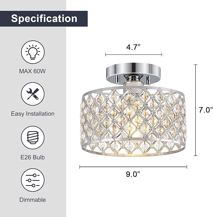 Chrome Crystal Ceiling Light Fixture,Modern Semi Flush Mount Ceiling Lighting Fixture,Round Small Chandelier for Hallway, Entryway, Laundry Room, Kitchen, Bedroom, Foyer, Bathroom, 1 Light, 9 inch