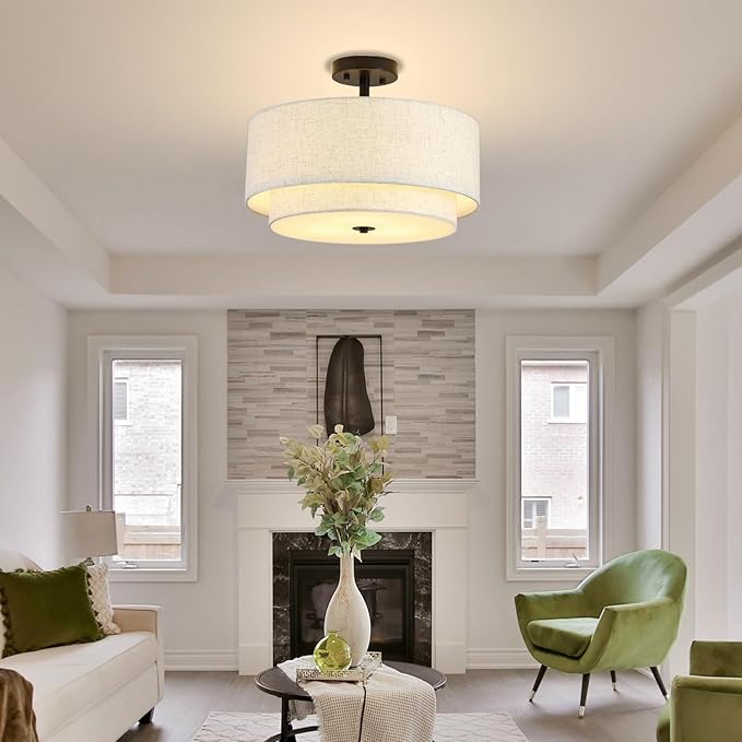 16" Semi Flush Mount Ceiling Light Fixture, 3-Light Gold Flush Mount Ceiling Light with Double Drum Linen Shades for Entryway Dining Room Bedroom Kitchen Hallway Living Room, E26 Socket