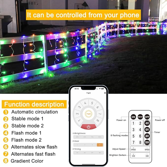 98ft Christmas Lights Outdoor, 1280 LED Waterproof 8 Modes String Light with App and Remote Control for Outside House Roof Decorations Indoor Decor-Multicolor