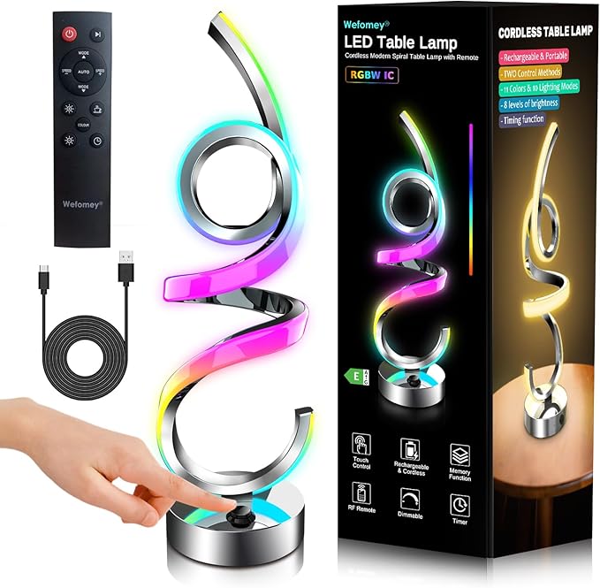 Wefomey Modern Spiral Table Lamp Color Changing Night Light Rechargeable LED Nightstand Lamp Dimmable Bedroom Lamp Remote Control for Home Decor Living Room Bedroom Office