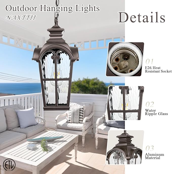 18.5 Inch Large Outdoor Pendant Lights Waterproof Aluminum Hanging Lantern Light with Water Ripple Glass Oil Rubbed Bronze Outdoor Chandelier for Porch Yard Gazebo
