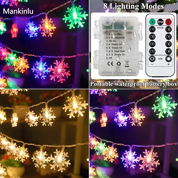 Christmas Decorations Snowflake Lights, 30ft 60 LEDs Snowflakes Christmas Lights Battery Operated String Lights with Remote for Xmas Tree Window Curtain Outdoor Indoor Winter Decor Multicolor