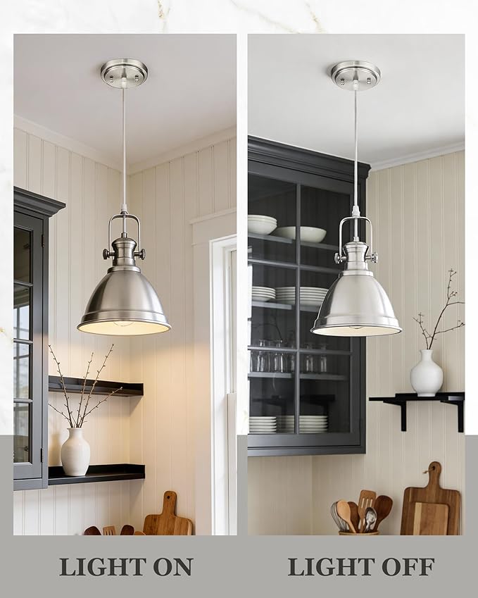 2-Pack Pendant Lights Kitchen Island, 8" Farmhouse Hanging Lights Fixtures with Metal Shade, Rustic Kitchen Pendant Lighting Over Island for Dining Room, Brushed Nickel, AD-2151-2PM-SN