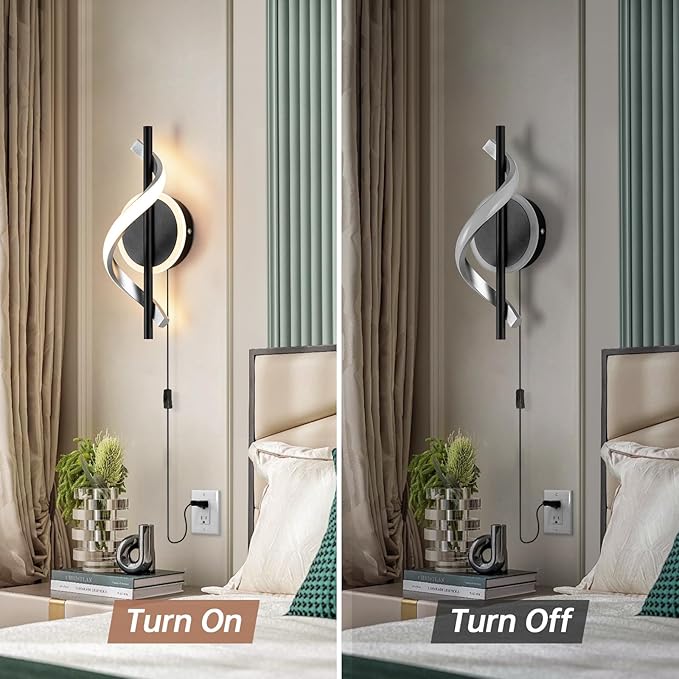 EIDISUNY Black Plug in Wall Sconces Sets of 2, 12W Modern Spiral LED Wall Lamp, 3000K Warm White Wall Light Fixture for Stairs Living Room Bedroom Aisle Hallway