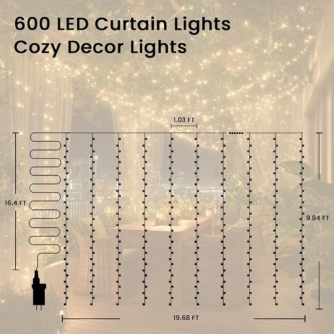 9.8x19.6Ft Curtain String Lights Plug in,600 Warm White LED Curtain Lights with Remote,Timer,Memory,Waterproof Clear Wire for Indoor Outdoor Bedroom Window Decor