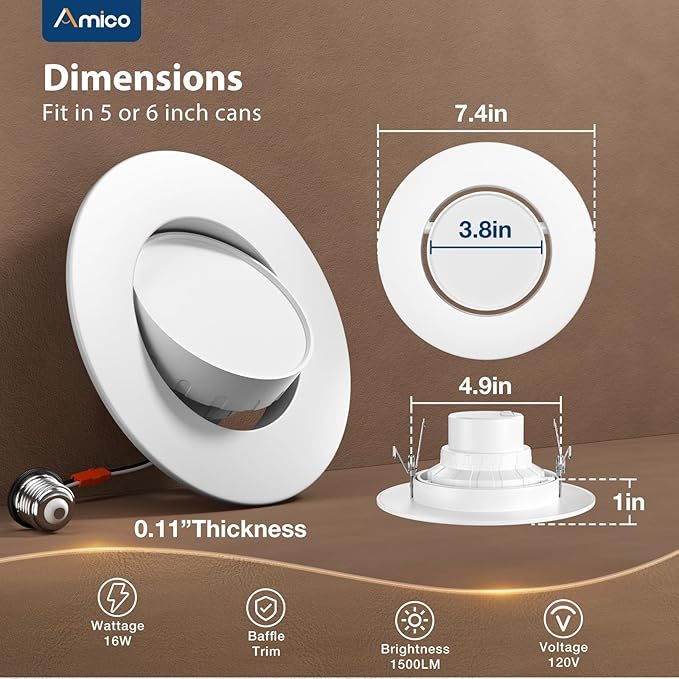 Amico 5/6 Inch Retrofit Eyeball Gimbal Can Lights 6 Pack, Metal Trim, 5CCT LED Recessed Lights Directional Angled Trim Adjustable Ceiling Downlight, 16W=150W, 1500 LM- ETL&FCC