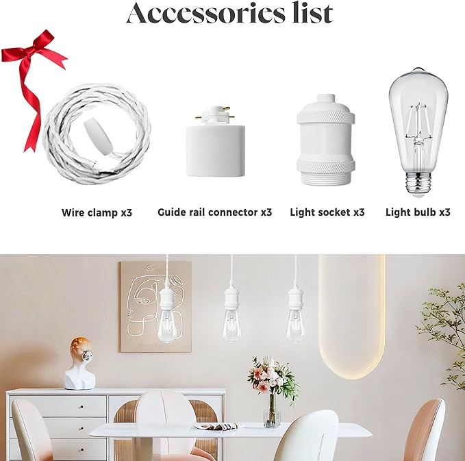 Universal H-Type Modern Pendant Track Lights Kit with 3 Bulbs,3-Pack White Track-Mounted Hanging Fixtures 4000K Natural Light Bulbs, E26 Socket for Kitchen Island and Dining Room