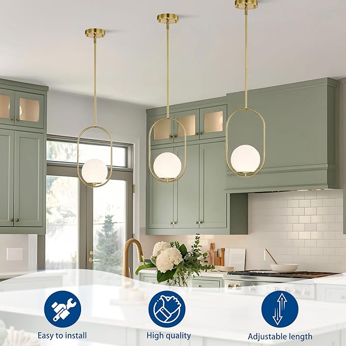 Alighting Gold Globe Pendant Lights Kitchen Island | Mid-Century Modern E12 Pendant Light Fixtures for Dining Room, Bedroom, Entryway, Commercial Spaces, Adjustable Length with 5.9" Glass Shade