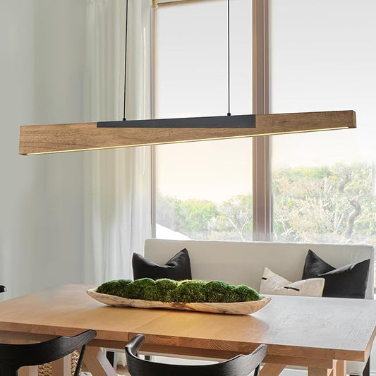 EDISLIVE 49.2 in Wood Linear LED Pendant Light Modern Dimmable LED Chandelier Adjustable Linear Hanging Light Fixture 3000K 25W Island Light for Dinning Room Kitchen Black Wood Tilted