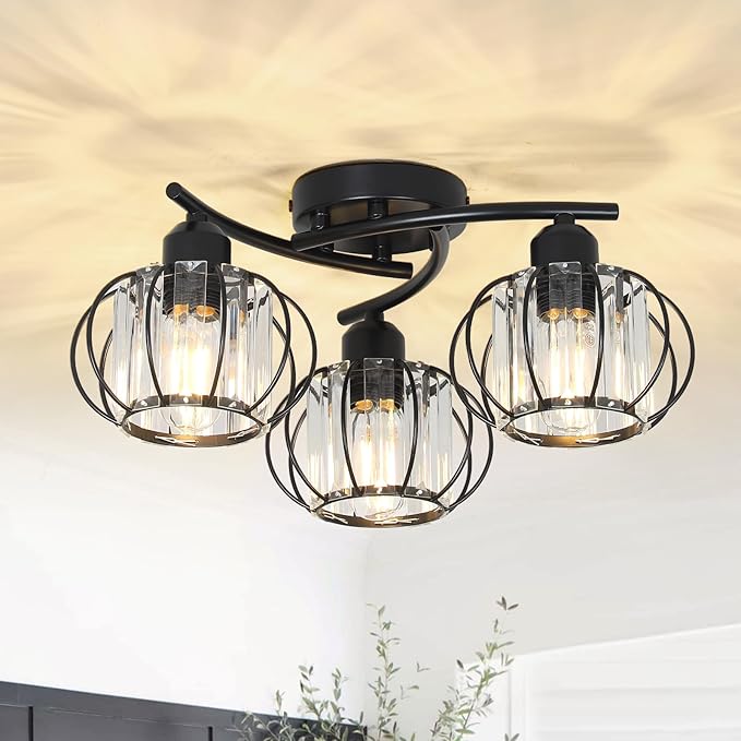 3-Light Crystal Semi Flush Mount Ceiling Light,Black Modern Close to Ceiling Light Fixtures,Kitchen Light Fixtures with Clear Crystal Shade,Hallway Light Fixtures for Hallway Bedroom Bathroom