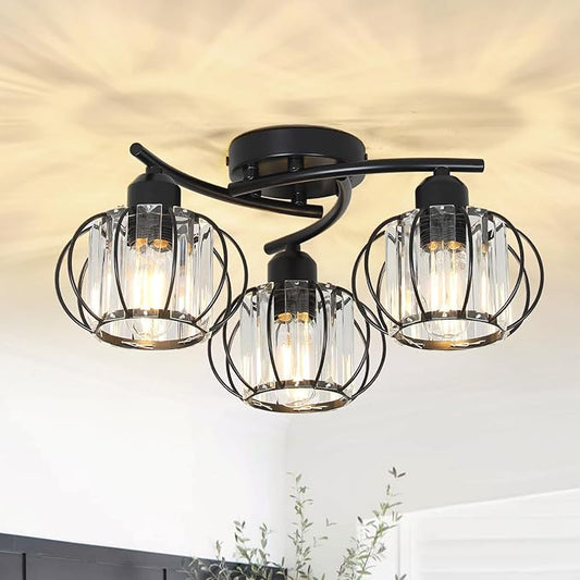 3-Light Crystal Semi Flush Mount Ceiling Light,Black Modern Close to Ceiling Light Fixtures,Kitchen Light Fixtures with Clear Crystal Shade,Hallway Light Fixtures for Hallway Bedroom Bathroom