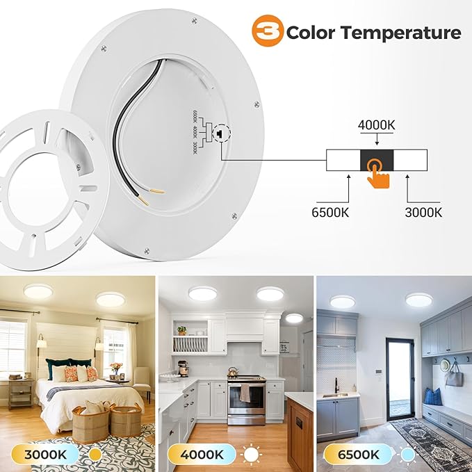slochi 6 Pack LED Flush Mount Ceiling Light Fixture, 9 Inch Light Fixture, 3000K-4000K-6500K Round Flat Bedroom Lights, Closet Round Surface for Bathroom Laundry Bedroom Hallway