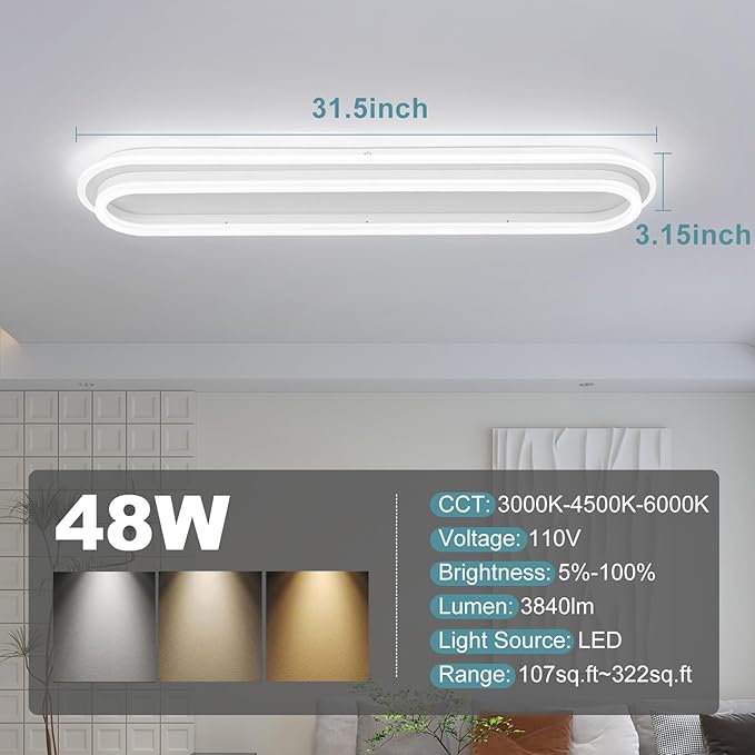 Modern Linear Ceiling Light, 31.5Inch Dimmable LED Flush Mount Ceiling Lamp with Remote Control, Long Kitchen Ceiling Light Fixture for Living Room Dining Room Bedroom Hallway (White)