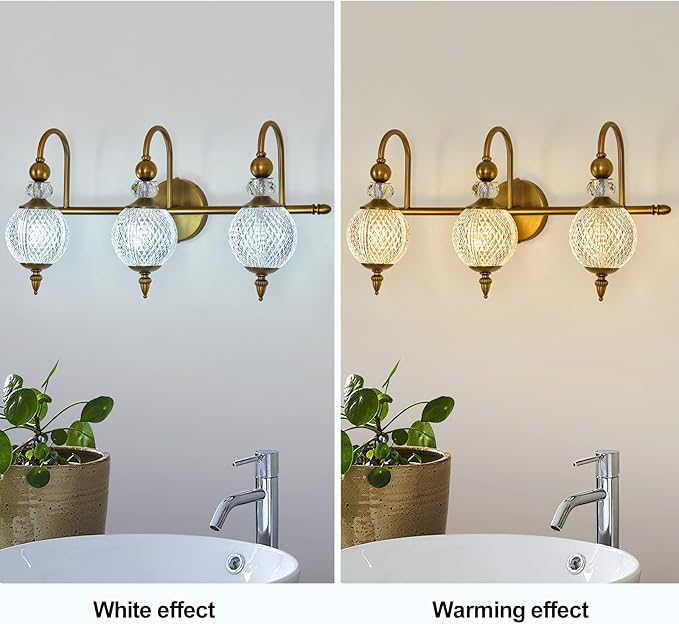 Vintage Vanity Light 3 Lights Gold Bathroom Light Fixtures Over Mirror with Acrylic Globe Shade