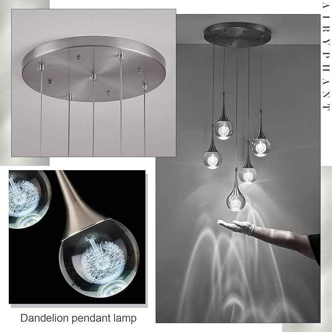 5 Lights Crystal Pendant Light, Brushed Nickel 25W Dimmable LED Teardrop Cluster Pendant Lighting Fixture for Dining Room Over Kitchen Island Bathroom Room Foyer Hallway Bedroom 6000k Cold White