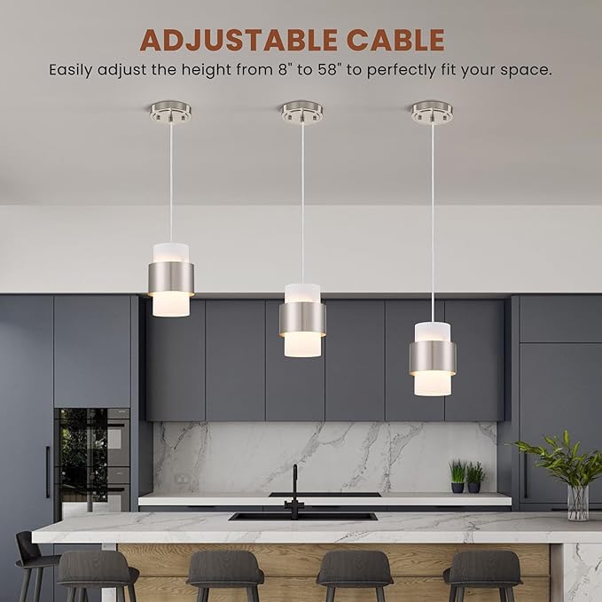 Modern Pendant Lighting, Nickel Hanging Light Fixtures for Kitchen Island Hallway Porch Corridor Bedroom with Frosted Glass Shade, 1 Light