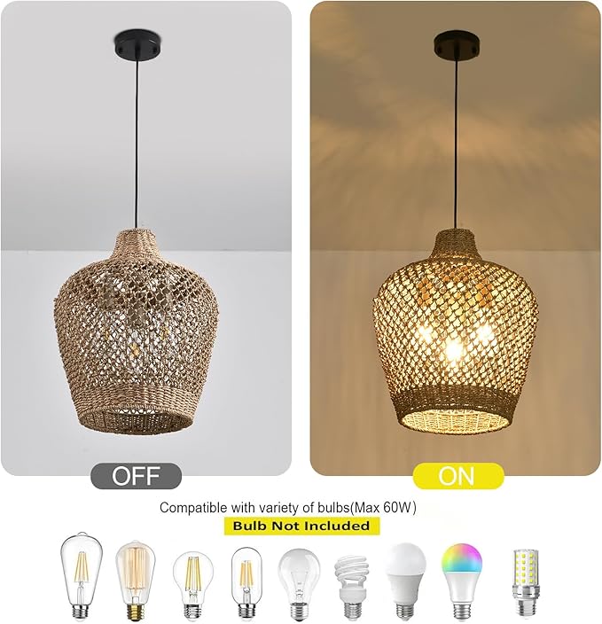 18.9" Rattan Pendant Light Fixtures,Boho Rattan Pendant Light,3-Light Hand Woven Seagrass Chandelier for Workplace Occasions Restaurants Dining Living Bedroom Kitchen Farmhouse