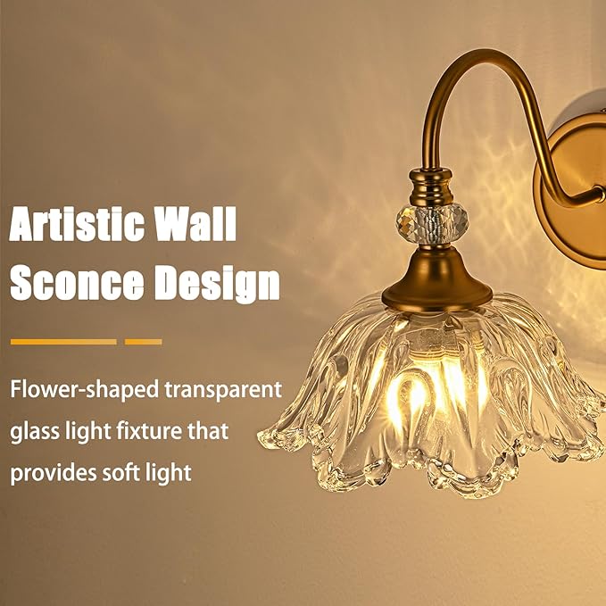 1 Piece Vintage Wall Sconce with Floral Clear Glass Shade, Matte Brass Finish Wall Mount Lighting for Bathroom,Vintage Bathroom Vanity Light Fixtures