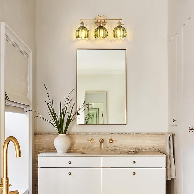 Shenmoyl Bathroom Light Fixtures, 3-Light Brass Vanity wall Light Over Mirror with Green Tulip Glass Shade for Bedroom Living Room (Bulb Not Included)