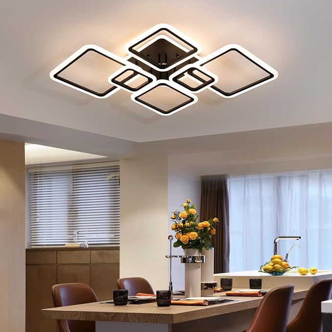 Smart LED Ceiling Light, 40.2″ Square Flush Mount Fixture, 6+1 Ring Modern Design, 130W Dimmable Acrylic Light with Remote, WiFi Alexa & App Control for Bedroom Living Room Dining Room (Black)