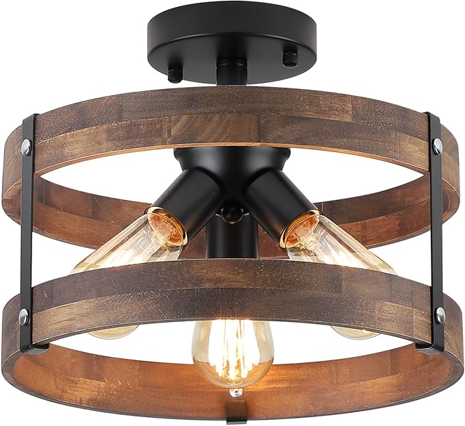 3-Light Rustic Farmhouse Wood Flush Mount Ceiling Light Fixture Oak Wood Round Drum Semi Flush Mount Ceiling Light for Hallway Hall Entry Bedroom Farmhouse Indoor, Black