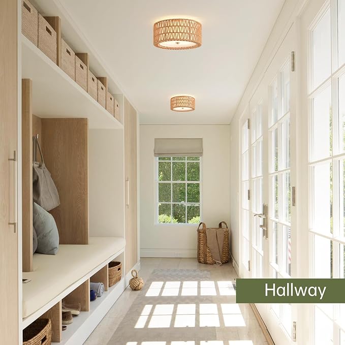 Boho Ceiling Light Fixtures 12.6" Flush Mount Ceiling Light, 3-Light Rattan Light Fixture for Bedroom Close to Ceiling Light Modern Ceiling Light for Foyer Hallway Entryway Kids Room