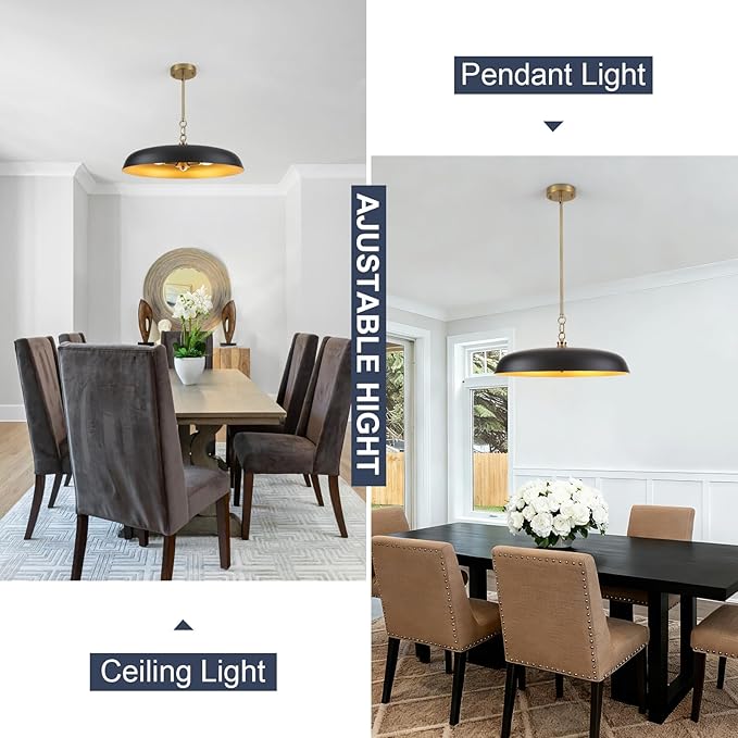 Oversized Large Pendant Lights 20 Inch, 3-Lights Black and Gold Metal Dome Chandelier, Industrial Pendant Lights Kitchen Island Ceiling Hanging Light for Dining Room Over Table, Bar, Cafe