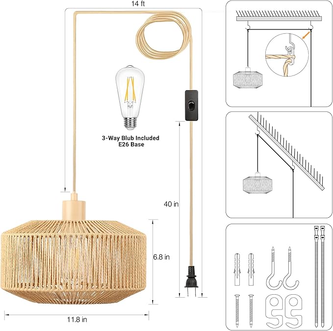 Qingmiao Boho Plug in Pendant Light, Rattan Hanging Lamp Plug in with Woven Shade, 3-Way Dimmable Hanging Light Fixture for Living Room Bedroom Kitchen Ceiling Farmhouse Home Decor