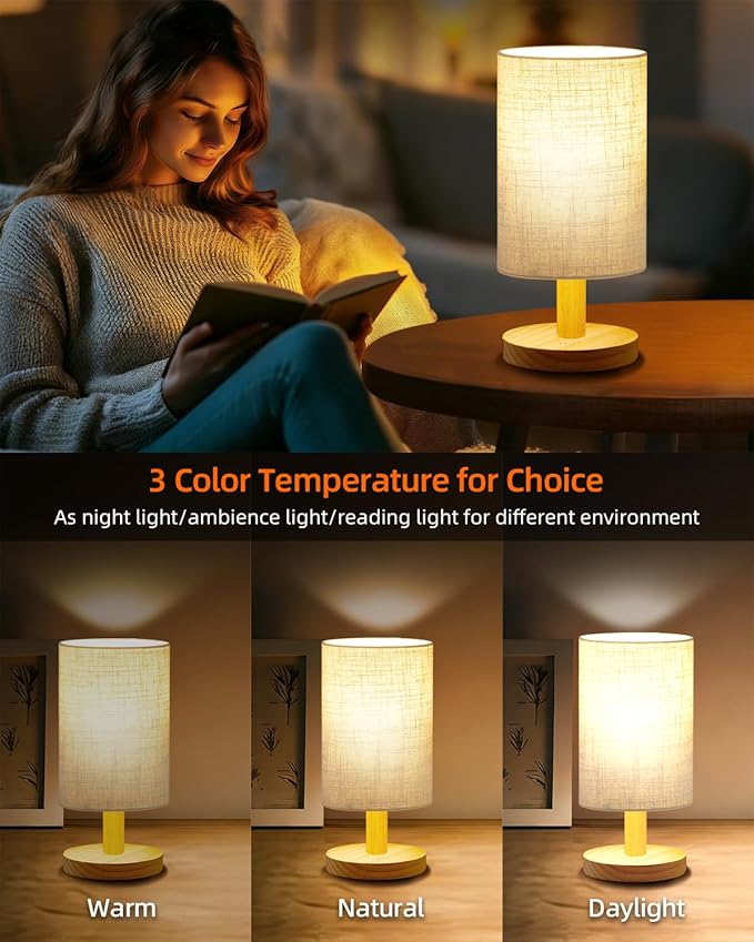 Small Touch Table Lamp for Bedroom, Portable LED Desk Lamps, 3 Color Stepless Dimming Up, Wood Base Round Flaxen Fabric Shade for Kids Room, Living Room, College Dorm, Home, Office