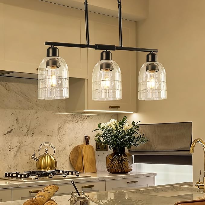 FRIXCHUR Black Kitchen Island Lighting, 3-Light Linear Chandelier with Clear Glass Shades, Modern Pendant Light for Dining Room & Kitchen, Adjustable Height, E26 Bulb Compatible, Metal in Black
