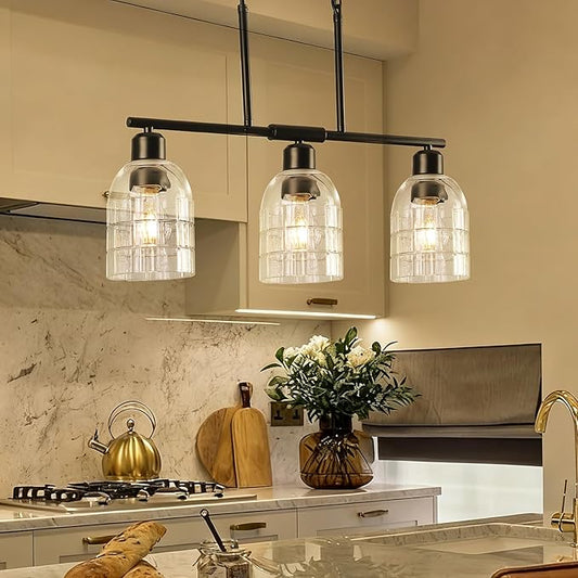 FRIXCHUR Black Kitchen Island Lighting, 3-Light Linear Chandelier with Clear Glass Shades, Modern Pendant Light for Dining Room & Kitchen, Adjustable Height, E26 Bulb Compatible, Metal in Black