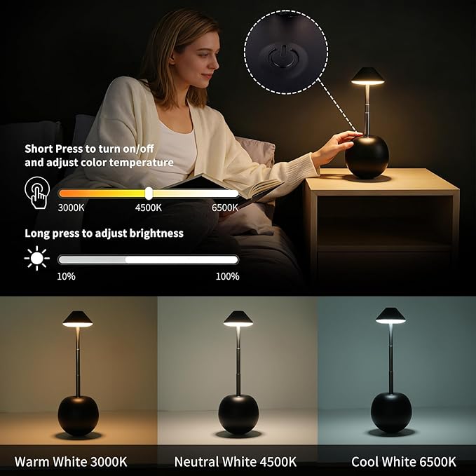 Rechargeable LED Table Light, Tumbler Cordless Table Lamp with 3 Colors & 7 RGB Stepless Dimmable Touch Control Lamps for Patio Restaurant Dining Home Bars (Black)