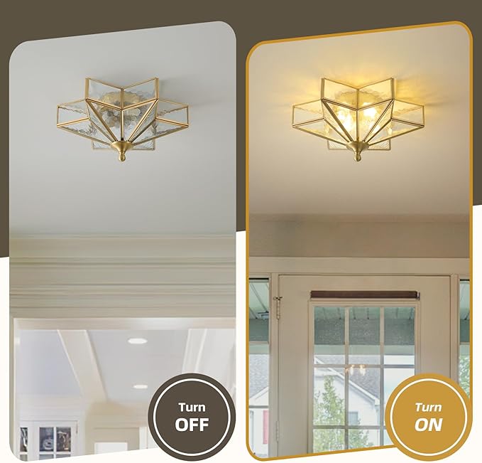 Star Brass Vintage Ceiling Light - 12.2 in Small Hammered Glass Antique Brushed Gold Flush Mount Fixture, Mid Century Art Deco Overhead Lighting for Kitchen Hallway Bedroom Bathroom Laundry Entryway