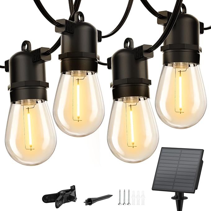 Minetom Solar Outdoor String Lights - 48Ft Patio Lights with 15+1 LED Shatterproof Bulbs, 3 Light Modes, Remote Control, Timing, Outside Weatherproof Hanging Lights for Backyard Party Decor