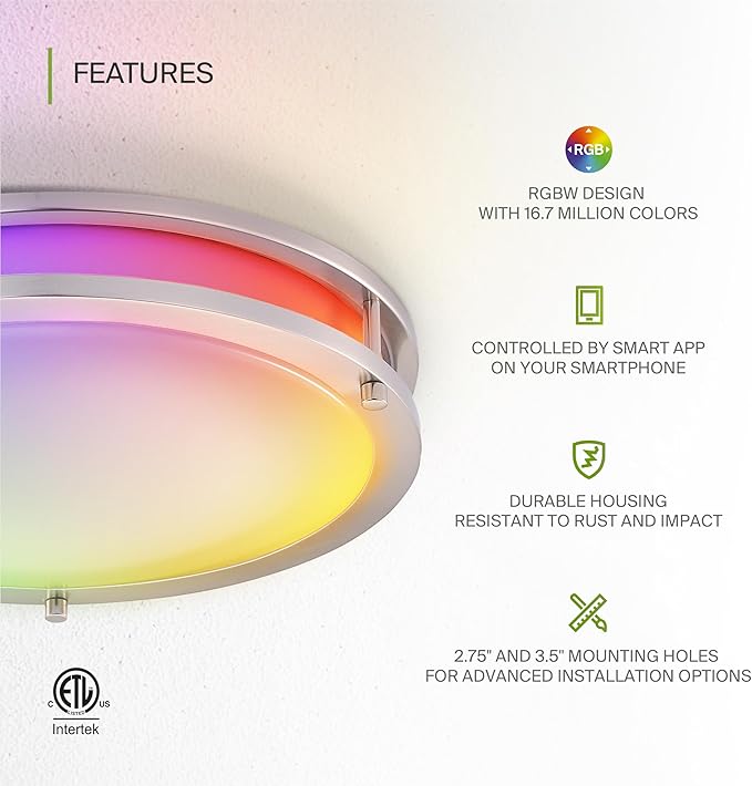 ASD LED 14" Round Flush Mount Lighting, Close to Ceiling Light Fixture | Smart, Multicolor, Dimmable, ETL Listed | 21W 1429LM RGB-2700-6500K 120V | Low Profile Double Ring Lamp | Nickel, 4 Pack