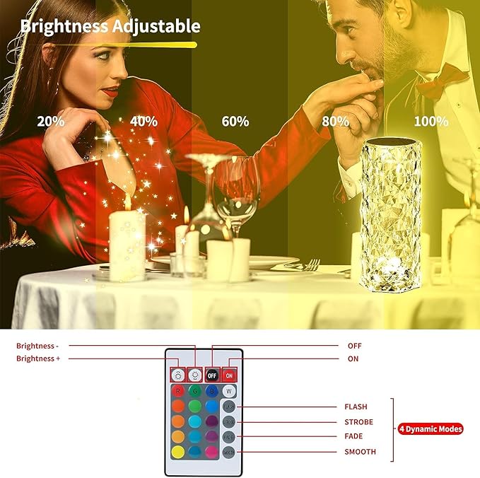 2 Pack Crystal Table Lamp, Remote and Touch Control Rose Wave Lamp, RGB Color Changing Night Light, Dimmable, USB Rechargeable Decoration Ambient Lighting for Dinner/Bars/Game Room/Living Room/Bedroom