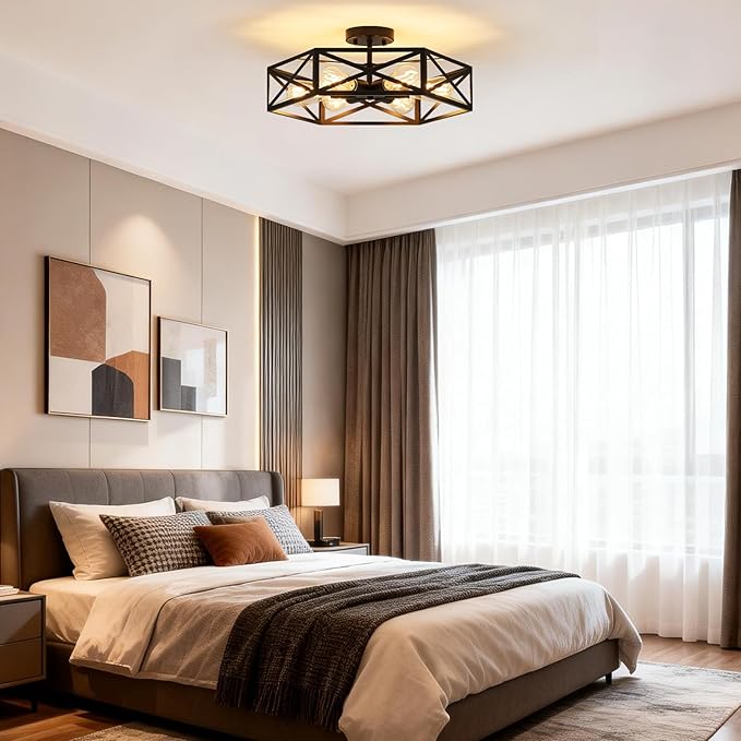Modern Farmhouse Semi Flush Mount Ceiling Light,Industrial Black Ceiling Lighting Fixture,Hexagonal Close to Ceiling Lights for Kitchen,Living,Dining Room,Bedroom,Foyer,Laundry Room,19.7 Inch