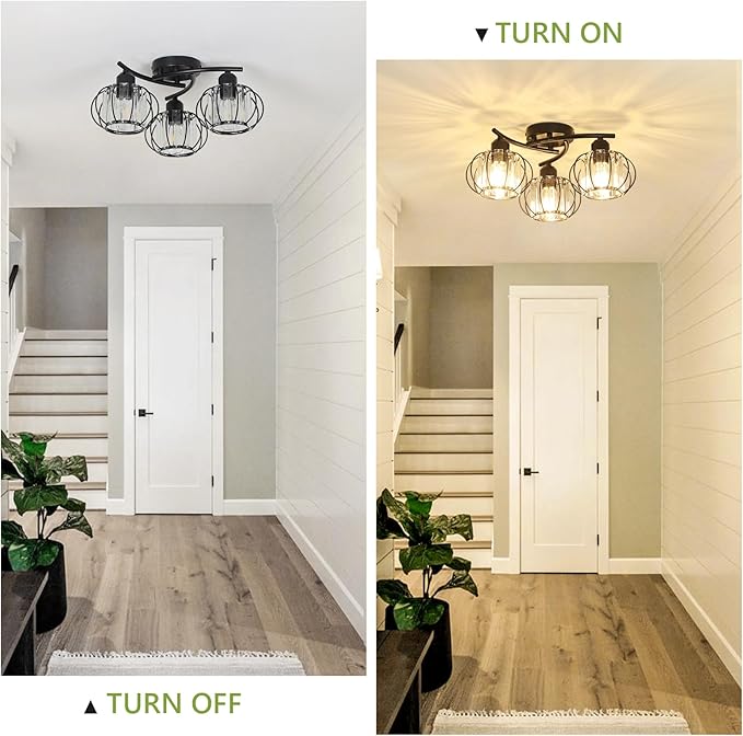 3-Light Crystal Semi Flush Mount Ceiling Light,Black Modern Close to Ceiling Light Fixtures,Kitchen Light Fixtures with Clear Crystal Shade,Hallway Light Fixtures for Hallway Bedroom Bathroom