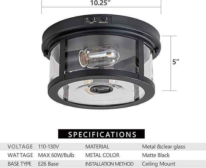 Flush Mount Outdoor Ceiling Light with Motion Sensor, Front Porch Light Ceiling Mount, Adjustable Sensor 2-Light Black Ceiling Light Fixture with Clear Glass, for Patio, House