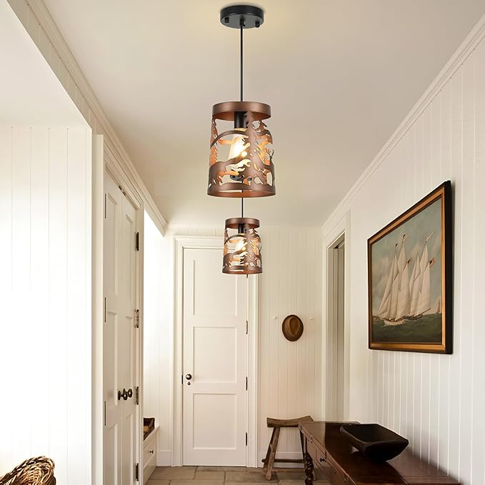 2 Pack Rustic Bear Pendant Lights, 1-Light Brushed Bronze Round E26 Base Cage Metal Fixture Adjustable Hanging Height for Kitchen Island, Hallway, Dining Room, Foyer(No Bulb Included)
